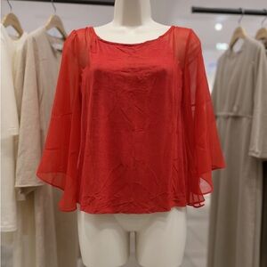 NWT bebe Red Semi Sheer Blouse Bell Sleeve Dressy Top Medium